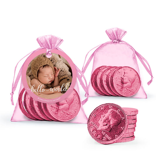 Personalized Girl Birth Announcement Hello World! Chocolate Coins in Organza Bag with Gift Tag