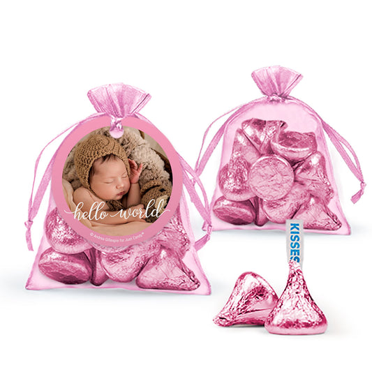 Personalized Girl Birth Announcement Hello World! Hershey's Kisses Organza Bag with Gift Tag