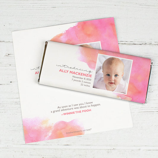 Personalized Elegant Watercolor Baby Girl Birth Announcement Hershey's Chocolate Bar Wrappers