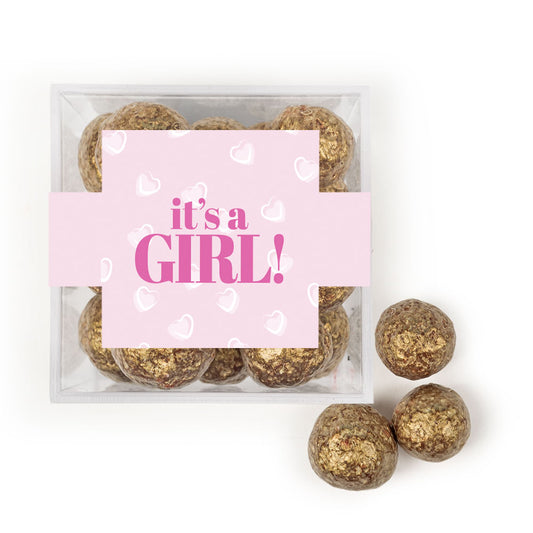 Personalized It's A Girl! JUST CANDY� favor cube with Prosecco Cordials