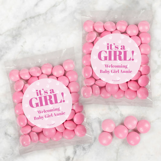 Personalized It's a Girl! Candy Bags with Just Candy Milk Chocolate Gems