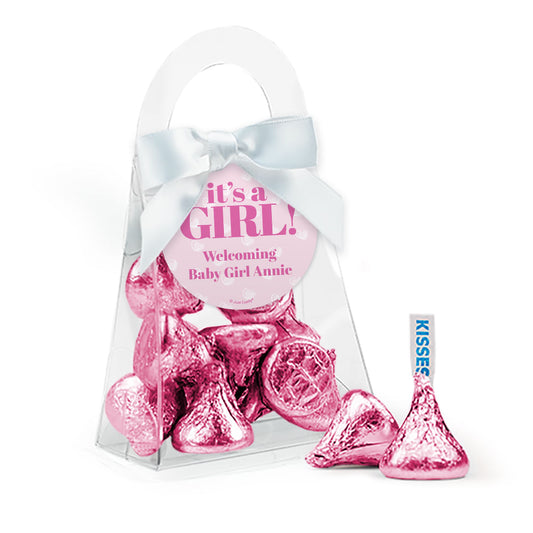 Personalized Baby Shower It's a Girl! Favor Purse with Hershey's Kisses and Bow with Gift Tag