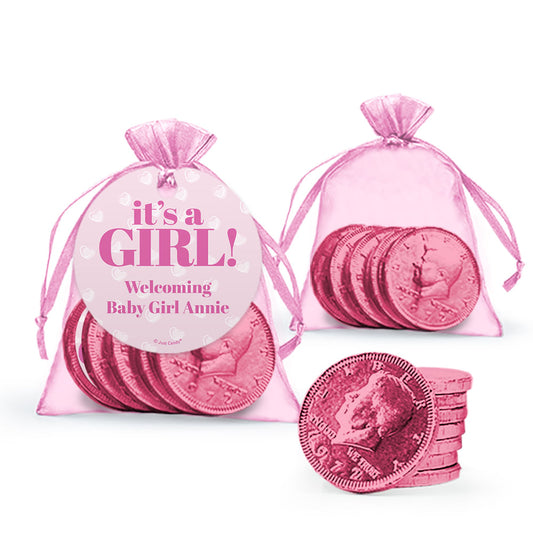 Personalized It's A Girl Chocolate Coins in Organza Bag with Gift Tag