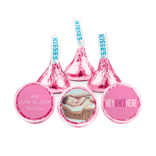 Personalized Girl Birth Announcement Hey She's Here! Hershey's Kisses