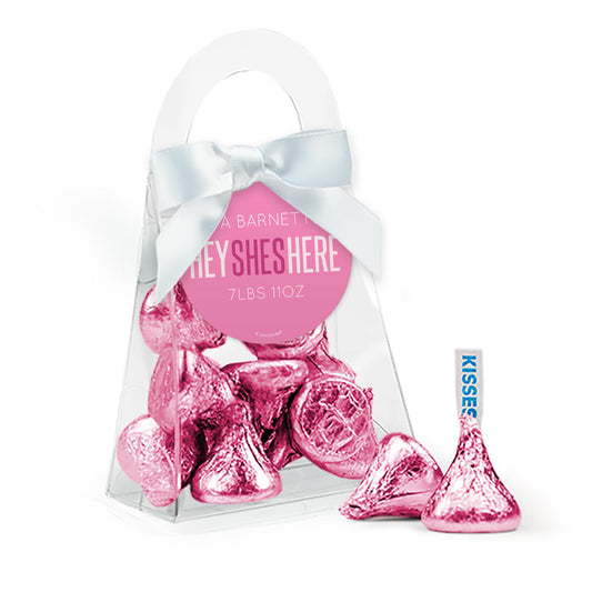 Personalized Baby Shower Hey She's Here Favor Purse with Hershey's Kisses and Bow with Gift Tag