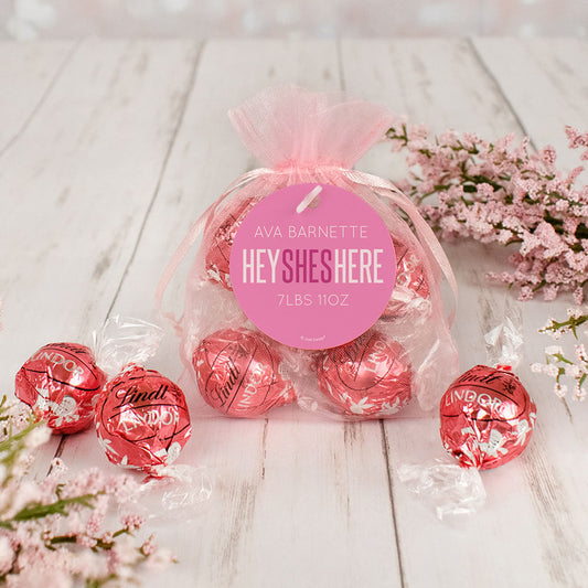 Personalized Girl Birth Announcement Hey Shes Here Lindt Truffle Organza Bag