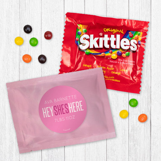 Personalized She's Here! Baby Girl Announcement Skittles