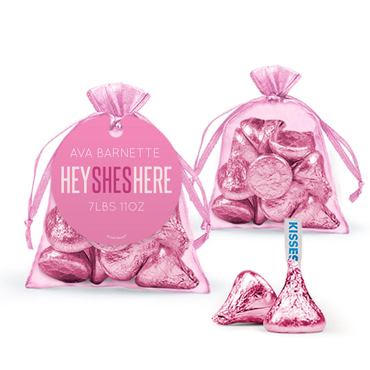 Personalized Girl Birth Announcement She's Here Hershey's Kisses Organza Bag with Gift Tag