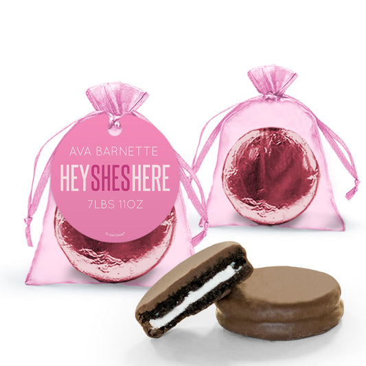 Personalized Girl Birth Announcement She's Here! Chocolate Covered Oreo Organza Bag