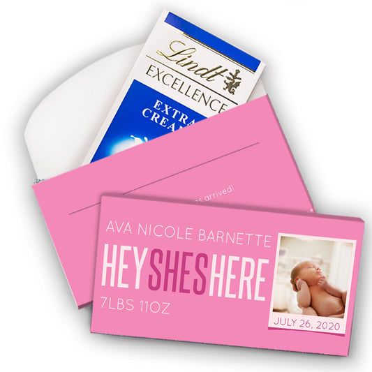 Deluxe Personalized Girl Birth Announcement He's Here! Lindt Chocolate Bar in Gift Box (3.5oz)