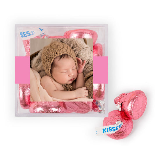 Personalized Girl Birth Announcement She's Here! JUST CANDY® favor cube with Hershey's Kisses