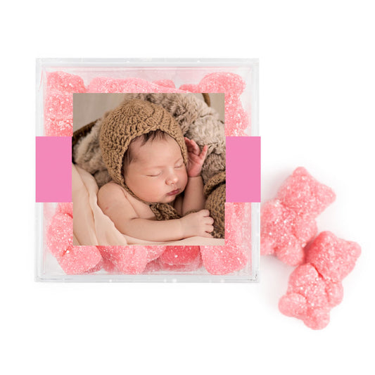 Personalized Girl Birth Announement She's Here! JUST CANDY� favor cube with Sugar Sanded Gummy Bears