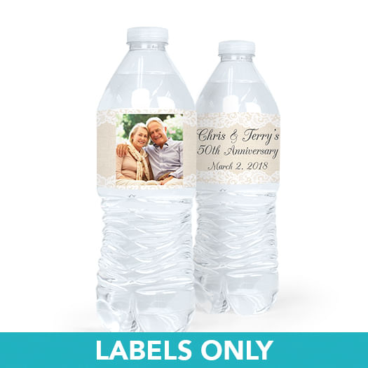 Personalized Anniversary Burlap & Lace Water Bottle Sticker Labels (5 Labels)