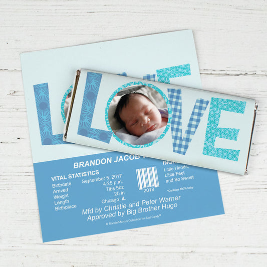 Bonnie Marcus Collection Personalized Chocolate Bar Wrapper Patterned Love Boy Birth Announcement