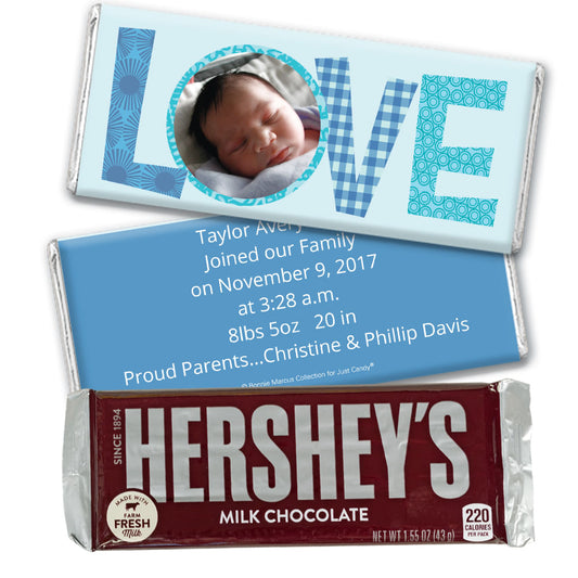 Bonnie Marcus Collection Personalized Hershey's Milk Chocolate Bar and Wrapper Patterned Love Boy Birth Announcement