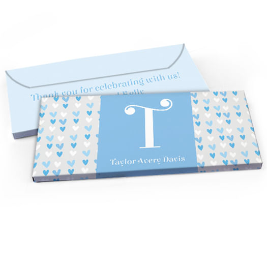 Deluxe Personalized Baby Boy Announcement Blue Hearts Candy Bar Favor Box