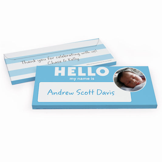 Deluxe Personalized Baby Boy Announcement Name Tag Candy Bar Favor Box