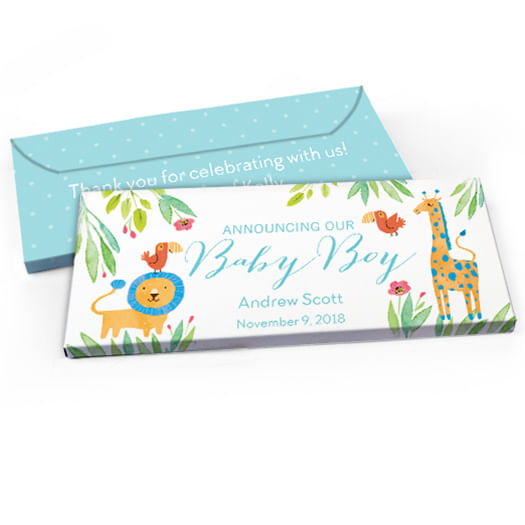 Deluxe Personalized Baby Boy Announcement Safari Snuggles Candy Bar Favor Box