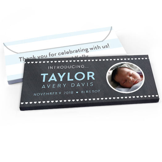 Deluxe Personalized Baby Boy Announcement Heart Pattern Candy Bar Favor Box