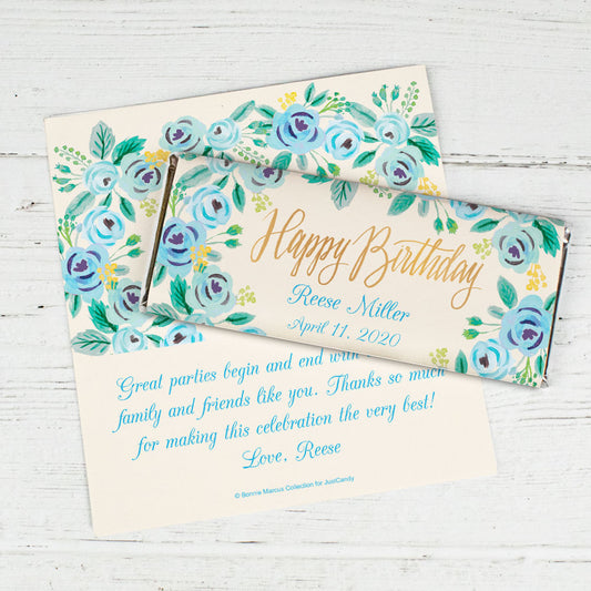 Bonnie Marcus Collection Personalized Chocolate Bar Wrappers Chocolate & Wrapper Here's Something Blue Birthday Favors