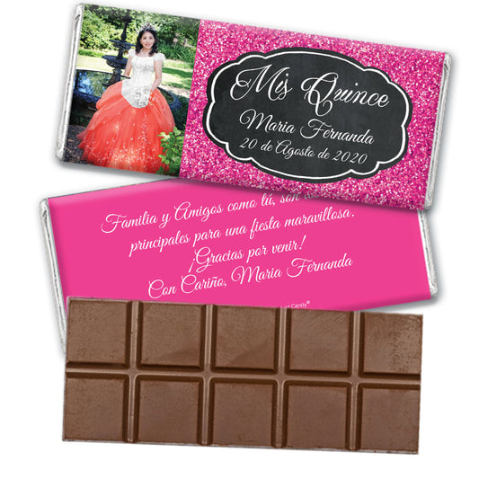 Personalized Bonnie Marcus Quinceanera Pink Sparkle Belgian Chocolate Bar & Wrapper