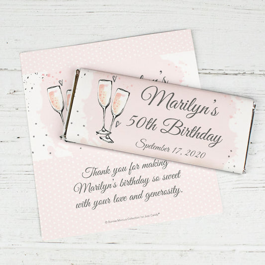 Personalized Bonnie Marcus Birthday Bubbly Party Pink Chocolate Bar Wrappers Only