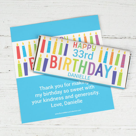 Personalized Bonnie Marcus Birthday Colorful Candles Chocolate Bar Wrappers