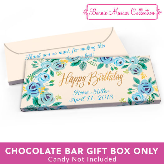 Deluxe Personalized Birthday Blue Flowers Candy Bar Favor Box