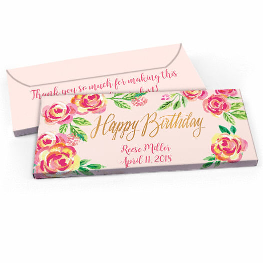 Deluxe Personalized Birthday Pink Flowers Candy Bar Favor Box