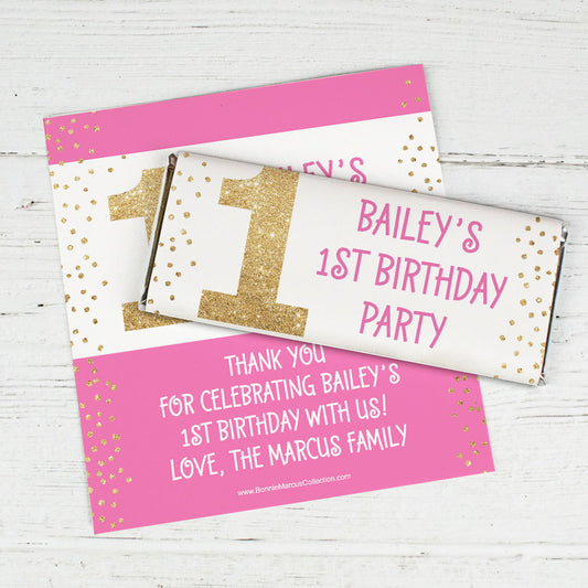 Bonnie Marcus Personalized 1st Birthday Gold One Chocolate Bar Wrappers