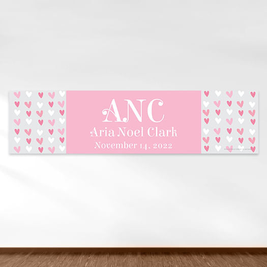 Personalized Baby Girl Announcements Pink Hearts 5 Ft. Banner