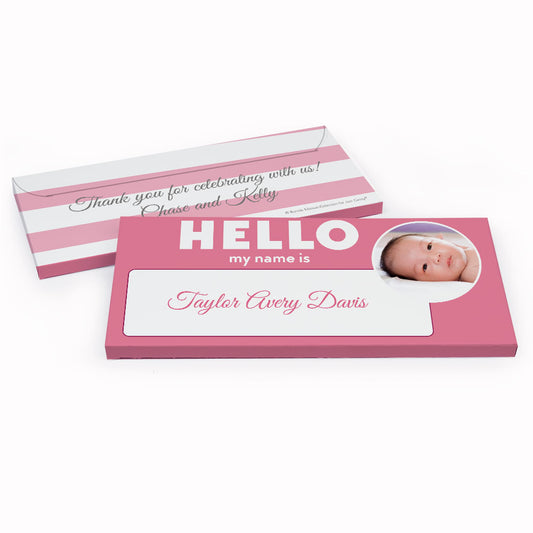 Deluxe Personalized Baby Girl Announcement Name Tag Candy Bar Favor Box