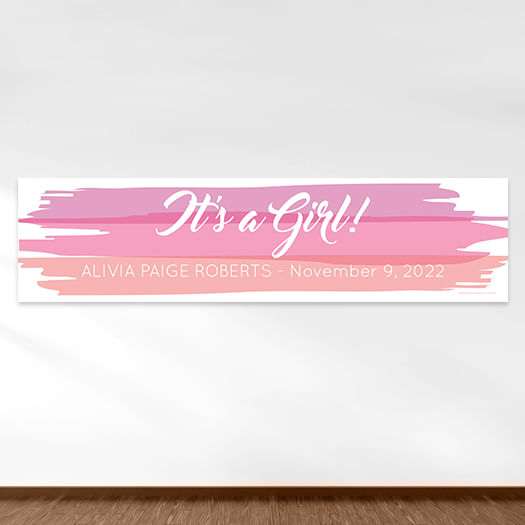 Personalized Baby Girl Announcements Watercolor 5 Ft. Banner