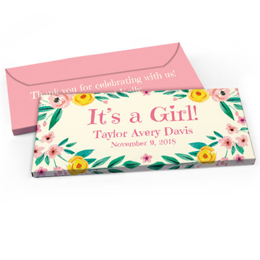 Deluxe Personalized Baby Girl Announcement Flowers Candy Bar Favor Box