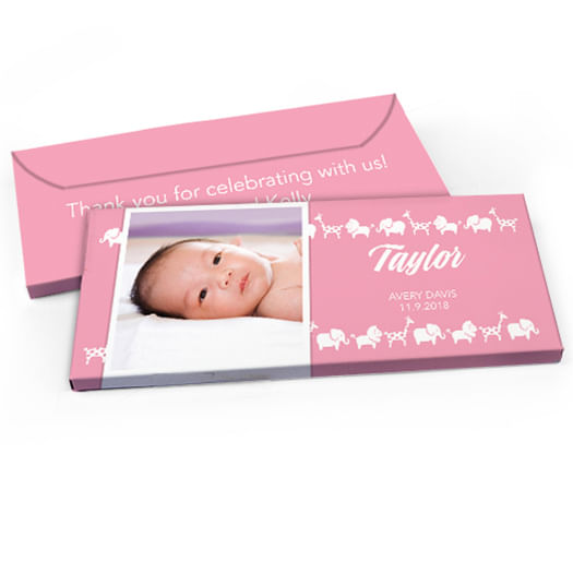 Deluxe Personalized Baby Girl Announcement Animal Parade Candy Bar Favor Box