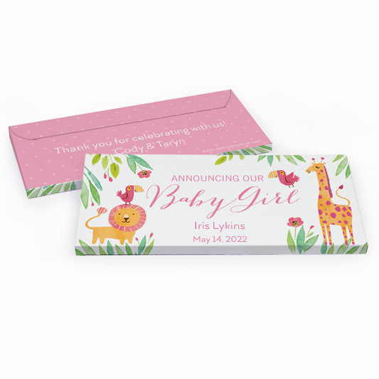 Deluxe Personalized Baby Girl Announcement Safari Snuggles Candy Bar Favor Box