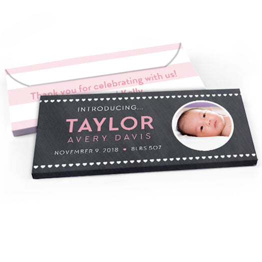 Deluxe Personalized Baby Girl Announcement Hearts Candy Bar Favor Box