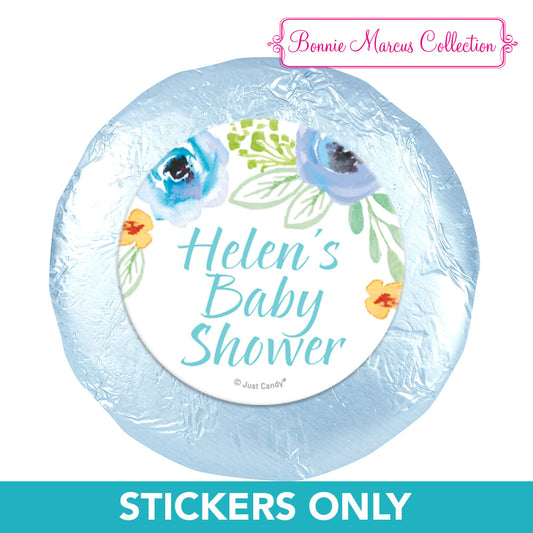 Personalized Baby Shower Watercolor Blossom Wreath Blue 1.25" Stickers (48 Stickers)