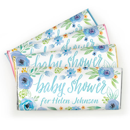 Personalized Bonnie Marcus Baby Shower Blue Watercolor Wreath Chocolate Bar Wrappers Only