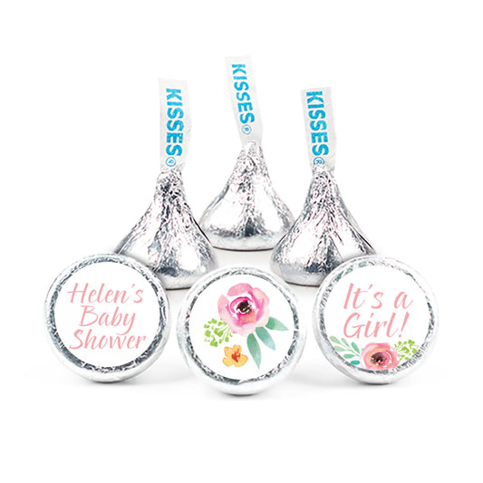 Personalized Baby Shower Watercolor Blossom Wreath Pink Hershey's Kisses (50 Pack)