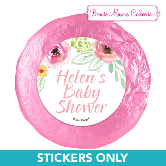 Personalized Baby Shower Watercolor Blossom Wreath Pink 1.25" Stickers (48 Stickers)