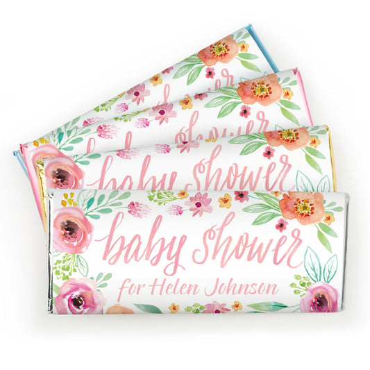 Personalized Bonnie Marcus Baby Shower Pink Watercolor Wreath Chocolate Bar Wrappers Only