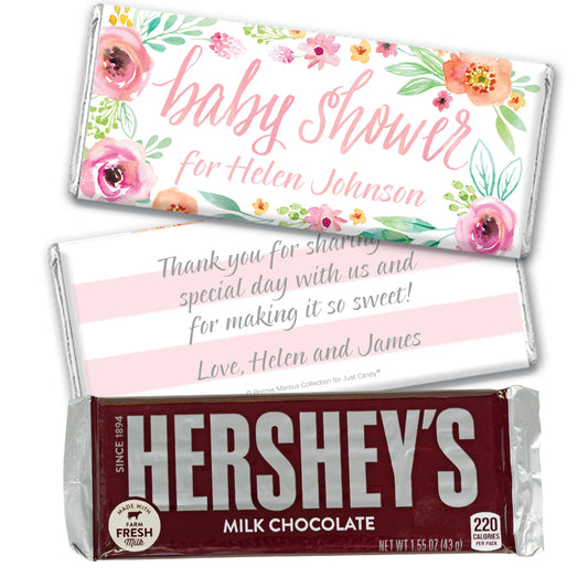 Personalized Bonnie Marcus Baby Shower Pink Watercolor Wreath Hershey's Milk Chocolate Bar & Wrapper