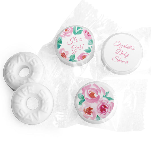 Personalized Bonnie Marcus Baby Shower Pink Floral Wreath Life Savers Mints