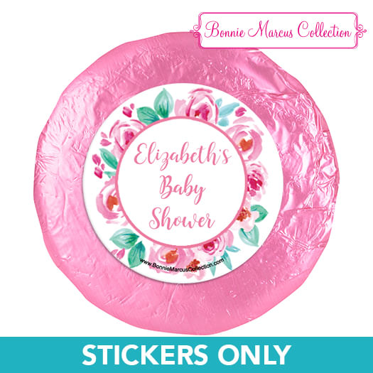 Personalized Pink Floral Wreath Baby Shower 1.25in Stickers (48 Stickers)