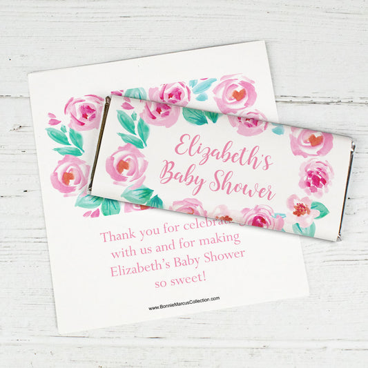 Personalized Bonnie Marcus Baby Shower Watercolor Flowers Chocolate Bar Wrappers Only