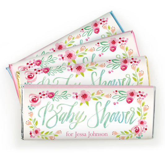 Personalized Bonnie Marcus Baby Shower Watercolor Flowers Chocolate Bar Wrappers Only