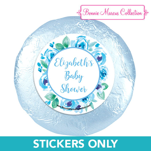 Personalized Baby Shower Blue Floral Wreath 1.25in Stickers (48 Stickers)