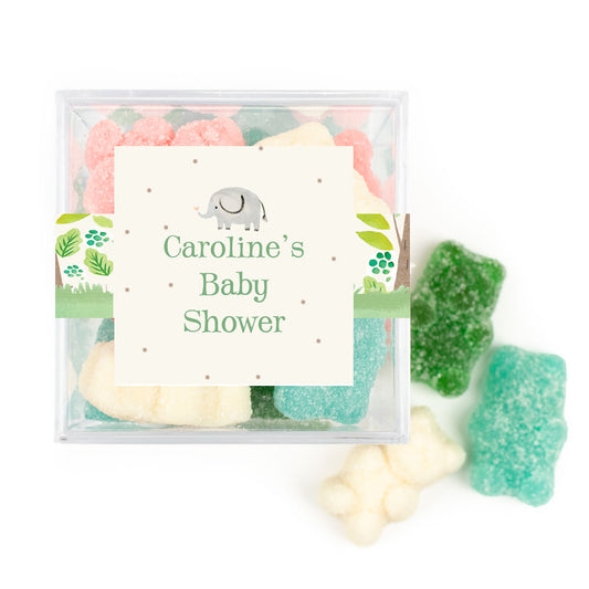 Personalized Baby Shower Safari Elephant Favor Cube with Gummy Bears