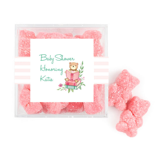 Personalized Baby Shower Story Time Favor Cube with Sanded Gummy Bears